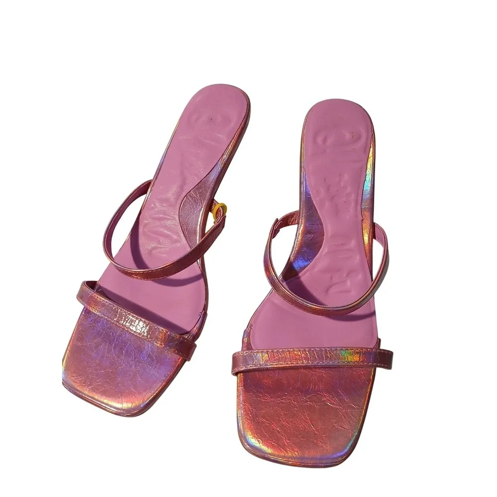 Iridescent Pink Square Toe Sandals Clear Heart Block Heel OM-P24-169 Womens 9‎